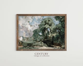 May include: A vintage painting of a landscape with a church in the distance, trees in the foreground, and a cloudy sky. The painting is framed in a brown wooden frame.