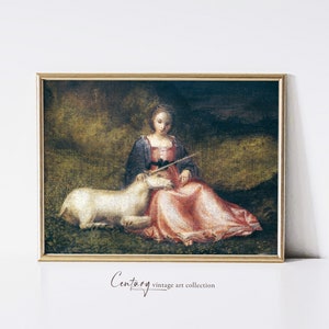 Medieval Girl and the Unicorn | Vintage Printable Art Download | Renaissance Painting | Fantasy Aesthetic Vintage Printable Art