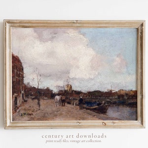 Vintage Printable Art Download | Scene by the River | 19th Century Oil Painting | Digital Printable Art Download | Nautical Antique Painting