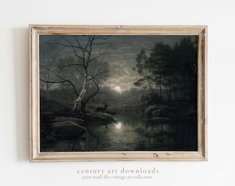 May include: A vintage painting of a moonlit forest scene with a lake and a deer in the foreground. The painting is framed in a light wood frame.