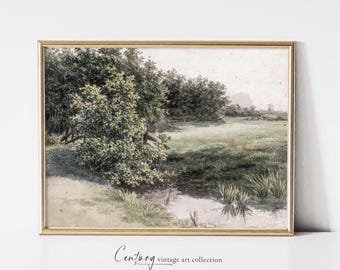 May include: A vintage watercolor painting of a landscape scene with a small stream, green trees, and a grassy field. The painting is framed in a gold frame.
