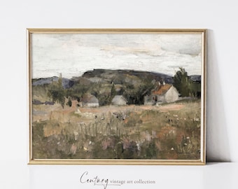 Pode incluir: Uma pintura de paisagem vintage que retrata uma cena rural com um grupo de casas aninhadas entre colinas onduladas. A pintura apresenta uma paleta de cores suaves de marrons, verdes e azuis, com um toque de laranja nos telhados. O céu está nublado, criando uma sensação de tranquilidade.