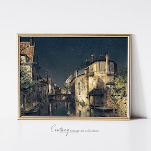 May include: A vintage painting depicting a canal scene at night in a European city. The buildings are lit by streetlights and the water reflects the light. The sky is dark with a few stars visible.