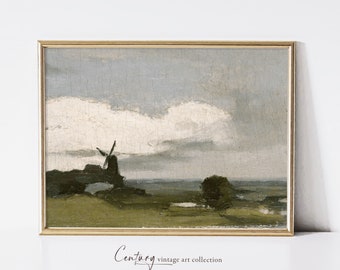 Pode incluir: Uma pintura vintage de um moinho de vento num campo com uma grande nuvem branca no céu. A pintura está enquadrada numa moldura dourada.