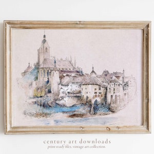 Vintage Printable Art Download | French Village | 19th Century Watercolor | Rustic European Landscape Printable Wall Art Digital Download