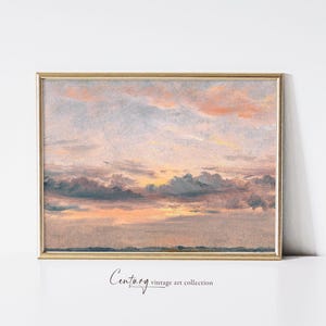 May include: A framed painting of a sunset with soft pink, orange, and purple clouds in a light blue sky. The horizon is a pale yellow with a hint of green.