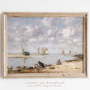 Vintage Printable Art Download | French Beach Scene | 19th Century Oil Painting | Antique Muted Aesthetic Nautical Seascape Printable Art