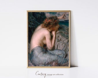 Siren by the Sea | Vintage Printable Art Download | 20th Century Oil Painting Printable | Mythical Mermaid Fantasy Vintage Printable Art