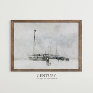 Vintage Printable Art Download | Fishing Boats on the Beach in Winter | 19th Century Oil Painting | Nautical Seascape Vintage Wall Art