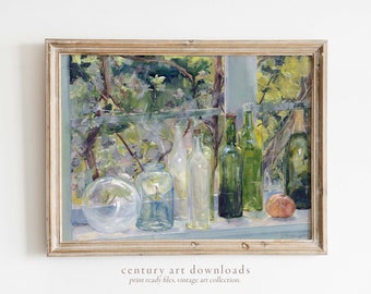May include: A framed watercolor painting of a still life featuring a variety of glass bottles and jars, including a round glass jar, a tall glass bottle, and a green glass bottle. The bottles are arranged on a windowsill with a leafy green background.