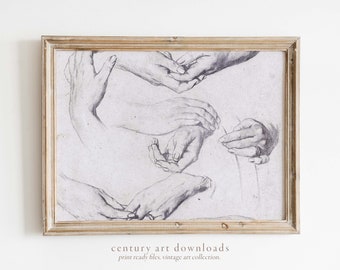 May include: A framed black and white drawing of five hands in various poses. The drawing is on a white background and is framed in a light wood frame. The text "century art downloads" and "print ready files, vintage art collection" is at the bottom of the image.