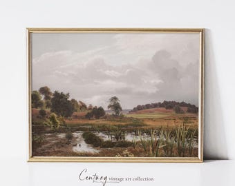 Pode incluir: Uma pintura de paisagem vintage emoldurada que retrata uma cena rural com um lago, árvores e um céu nublado. A pintura está em uma moldura dourada e tem uma paleta de cores suaves.