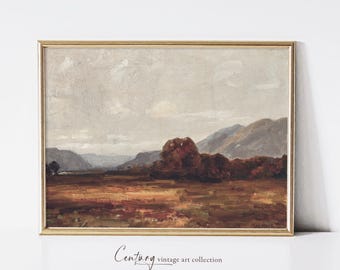 Puede incluir: Una pintura de paisaje vintage en un marco dorado. La pintura representa un campo con un grupo de árboles en primer plano y una cordillera en el fondo. El cielo es de color gris claro con algunas nubes.