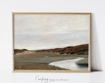 Muted River in a Landscape | Vintage Printable Art Download | 19th Century Oil Painting | Neutral Muted Aesthetic Vintage Printable Art