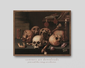Download de arte vintage para impressão de Halloween | Crânio Vanitas ainda vida | Pintura a óleo da Dark Academia do século XVII | Download de arte de caveiras assustadoras