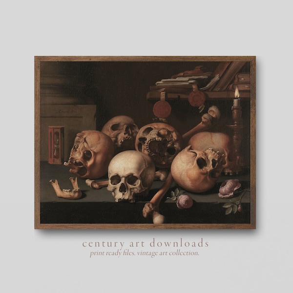 Vintage Halloween Printable Art Download | Skull Vanitas Still Life | Dark Academia 17th Century Oil Painting | Spooky Skulls Art Download