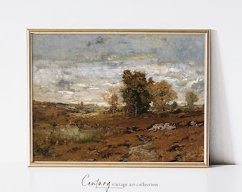 Puede incluir: Una pintura de paisaje vintage que representa un campo con árboles y un cielo nublado. La pintura está enmarcada en un marco dorado.