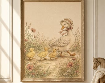 May include: A framed wall art print featuring a vintage-style illustration of a mother duck wearing a bonnet and a pink ribbon, walking with three small yellow ducklings through a field of wildflowers in soft beige, green, and pink tones.