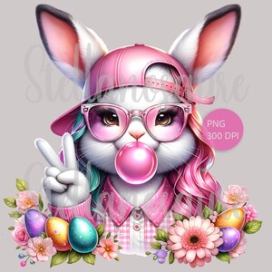Easter Bunny Girl PNG File Digital Download - Cute Floral Eggs Rabbit wearing sunglasses sublimation design 300 dpi