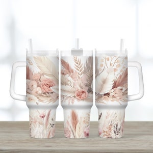 40oz tumbler wrap Boho Flower Feathers Pampas Seamless Sublimation design 40oz wrap for Bridesmaids or Mothers gifts Handle tumbler wrap PNG