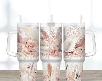 40oz tumbler wrap Boho Flower Feathers Pampas Seamless Sublimation design 40oz wrap for Bridesmaids or Mothers gifts Handle tumbler wrap PNG