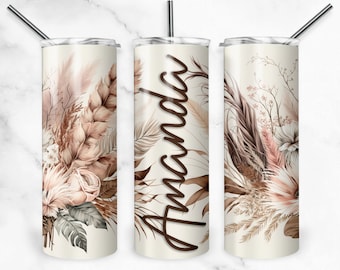 Boho Beige and Pink Floral and Feathers Tumbler Wrap Add Your Own Name Boho Flowers Sublimation Seamless Designs, Skinny Tumbler 20oz Design