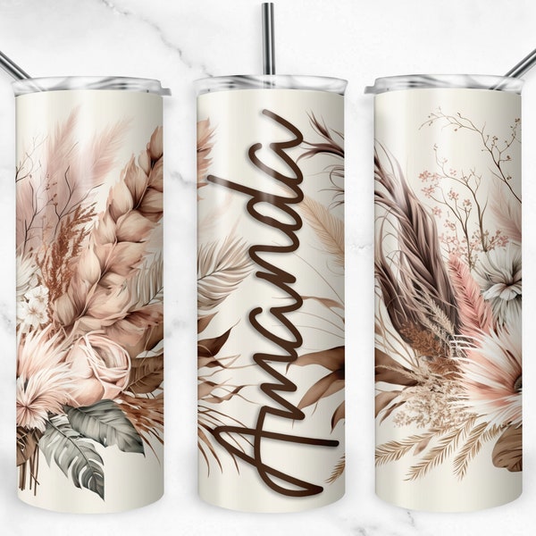 Boho Beige and Pink Floral and Feathers Tumbler Wrap Add Your Own Name Boho Flowers Sublimation Seamless Designs, Skinny Tumbler 20oz Design