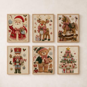 May include: A set of six framed wall art prints featuring textured illustrations of Christmas characters including Santa Claus, a reindeer, a rocking horse, a nutcracker, a teddy bear, and a decorated Christmas tree with gifts.