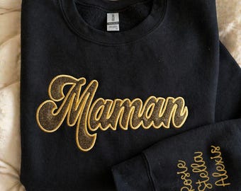 Embroidered Glitter Mama Hoodie Sweatshirt, Custom Mama Hoodie with Name on Sleeve, Personalized Maman Crewneck, New Mom Apparel
