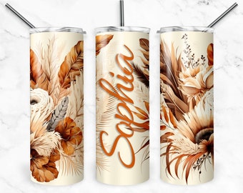 Boho Beige and Burnt Orange Floral and Feathers Tumbler Wrap, Add Name, Boho Flowers Sublimation, Seamless Designs, Skinny Tumbler 20oz