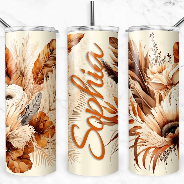 Boho Beige and Burnt Orange Floral and Feathers Tumbler Wrap, Add Name, Boho Flowers Sublimation, Seamless Designs, Skinny Tumbler 20oz