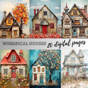May include: A collage of whimsical houses with various architectural styles and colours. Each house is surrounded by flowers and greenery. The text "WHIMSICAL HOUSES 20 digital pages" is displayed at the bottom of the image.