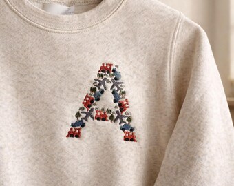 Personalized Kids Sweatshirt with Transportation Initial – Custom Letter Crewneck – Embroidered Name First Letter – Toddler Gift 2–7 Years