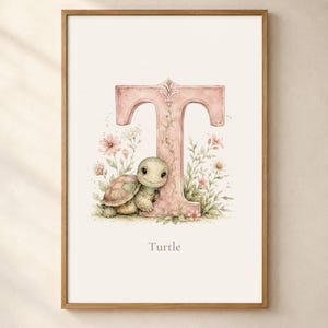 Turtle Letter T Nursery Wall Art, Watercolor Animal Alphabet Print, Baby Name Initial, Kids Room Decor, Printable