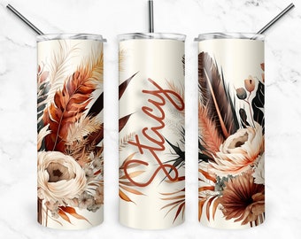 Boho Beige and Burnt Orange Floral and Feathers Tumbler Wrap, Add Name, Boho Flowers Sublimation, Seamless Designs, Skinny Tumbler 20oz