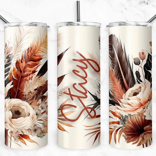 Boho Beige and Burnt Orange Floral and Feathers Tumbler Wrap, Add Name, Boho Flowers Sublimation, Seamless Designs, Skinny Tumbler 20oz