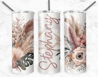 Boho old pink and beige Floral and Feathers Tumbler Wrap ADD Your Own Name Boho Flowers Sublimation Seamless Designs, Skinny Tumbler 20oz