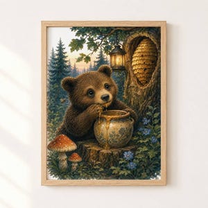 Bear Nursery Print, Woodland Bear Wall Art, Baby Bear Honey Pot, Printable Nursery Art, Cottagecore Kids Room Decor, Enchanted Forest Print