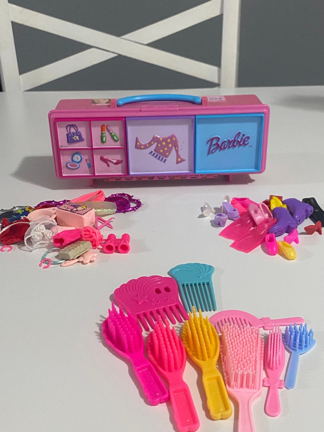 90s Vintage Barbie Accessory Case With Accessories, True Vintage Dolls Shoes, Doll Combs, Doll