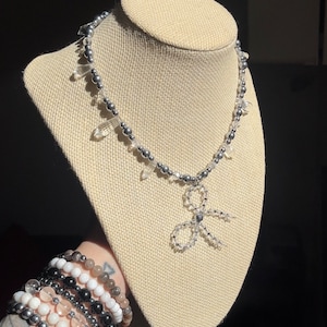 Beaded Glass Bow Necklace - y2k grunge silver jewelry - coquette bow jewelry