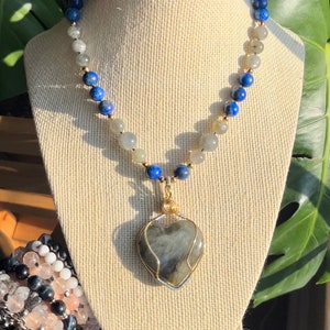 Labradorite and Lapis Lazuli Beaded Necklace with Wire Wrapped Labradorite pendant - Gold and silver gemstone beaded jewelry