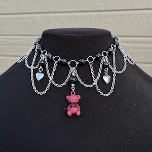 Grunge y2k Teddy Bear Choker - Y2K grunge crystal choker made with stainless steel and Blue Tiger’s Eye