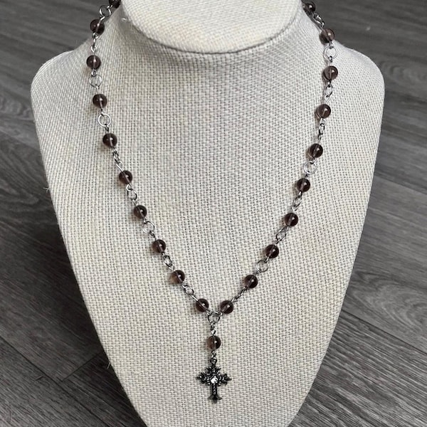 Smoky Quartz Beaded Rosary - grunge y2k rosary style crystal necklace made with stainless steel and smoky quartz