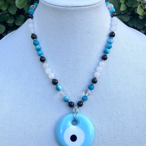 Evil Eye Crystal Beaded Necklace - Apatite, Jade, and Obsidian necklace - Y2K crystal beaded jewelry
