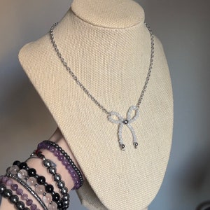 Bead Bow Necklace - coquette seed bead bow necklace