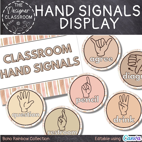 EDITABLE Hand Signals Display | Boho Rainbow Classroom Decor | Boho Classroom Decor | Printable Décor