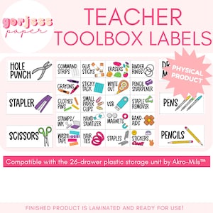 May include: A set of rectangular white labels for a teacher toolbox, featuring black text and colorful illustrations for items like hole punch, stapler, scissors, glue sticks, erasers, and pens. The labels include the text Teacher Toolbox Labels.