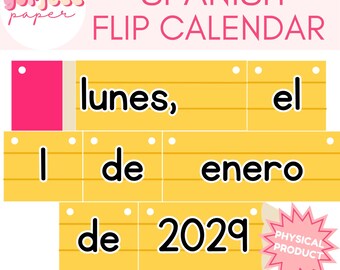 May include: A Spanish flip calendar featuring yellow rectangular cards with black text displaying the date lunes, 1 de enero de 2029. The cards have white circular hole punches at the top for binding. A pink starburst graphic reads PHYSICAL PRODUCT.