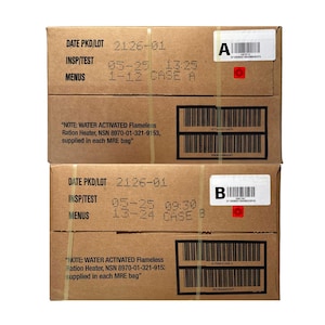 May include: Two brown cardboard boxes stacked on top of each other. The boxes are labeled with the date packed, lot number, inspection and test date, and menu number. The boxes are labeled with the letters A and B. The boxes have a black and white barcode and the text "NOTE: WATER ACTIVATED Flameless Ration Heater, NSN 8970-01-321-9153, supplied in each MRE bag" printed on them.