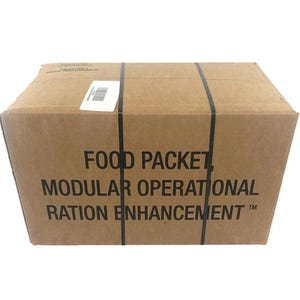 May include: A rectangular cardboard box with black straps and the words "FOOD PACKET MODULAR OPERATIONAL RATION ENHANCEMENT" printed in black. A white sticker is affixed to the top of the box.